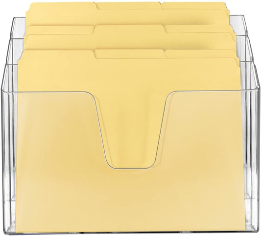 Acrimet Horizontal Triple File Folder Holder Organizer, Open-Top Desktop Document Sorter for Letter Size Papers & Folders, Includes 9 Manila Folders, Plastic Clear Crystal
