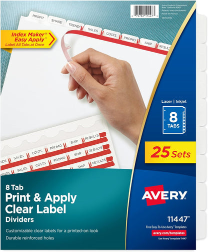 Avery 5 Tab Dividers for 3 Ring Binder, Easy Print & Apply Clear Label Strip, Index Maker Customizable White Tabs, 25 Sets (11446)