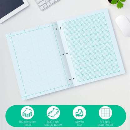 5 Pcs Engineering Paper Notebook,500 sheets Green Tint Paper,5 x 5 Graph Rule on Back,8.5 x 11 3-Hole Punched Engineering Computation Pad