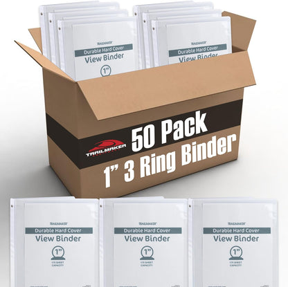 Trail Maker 1 inch Binders (50 Pack), 3 Ring Hardcover Binders in Bulk with Clear View Cover, Pockets for Classroom, Office, Portfolios | Bulk School, Teacher, Office Supplies (White Only Pack)