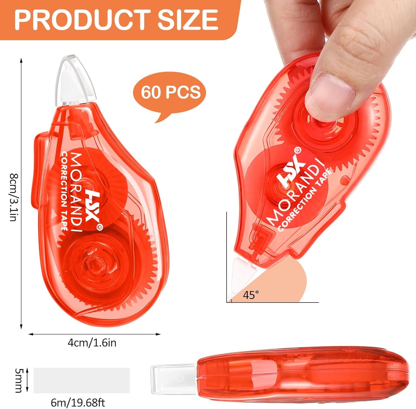 Fullhawl 60 Pack White Correction Tape Bulk 19.7 ft Red Green and Blue Correction Strips Easy to Use Applicator for Office Supplies