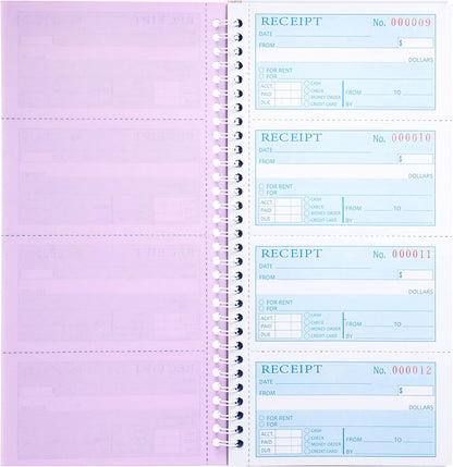 Receipt Books with Carbon Copies,Money and Rent Receipt Book,3-Part Carbonless,5.31" x 11.22",Receipt Book for Small Business,Blue,Yellow and Pink Copy,100 Sets Per Book