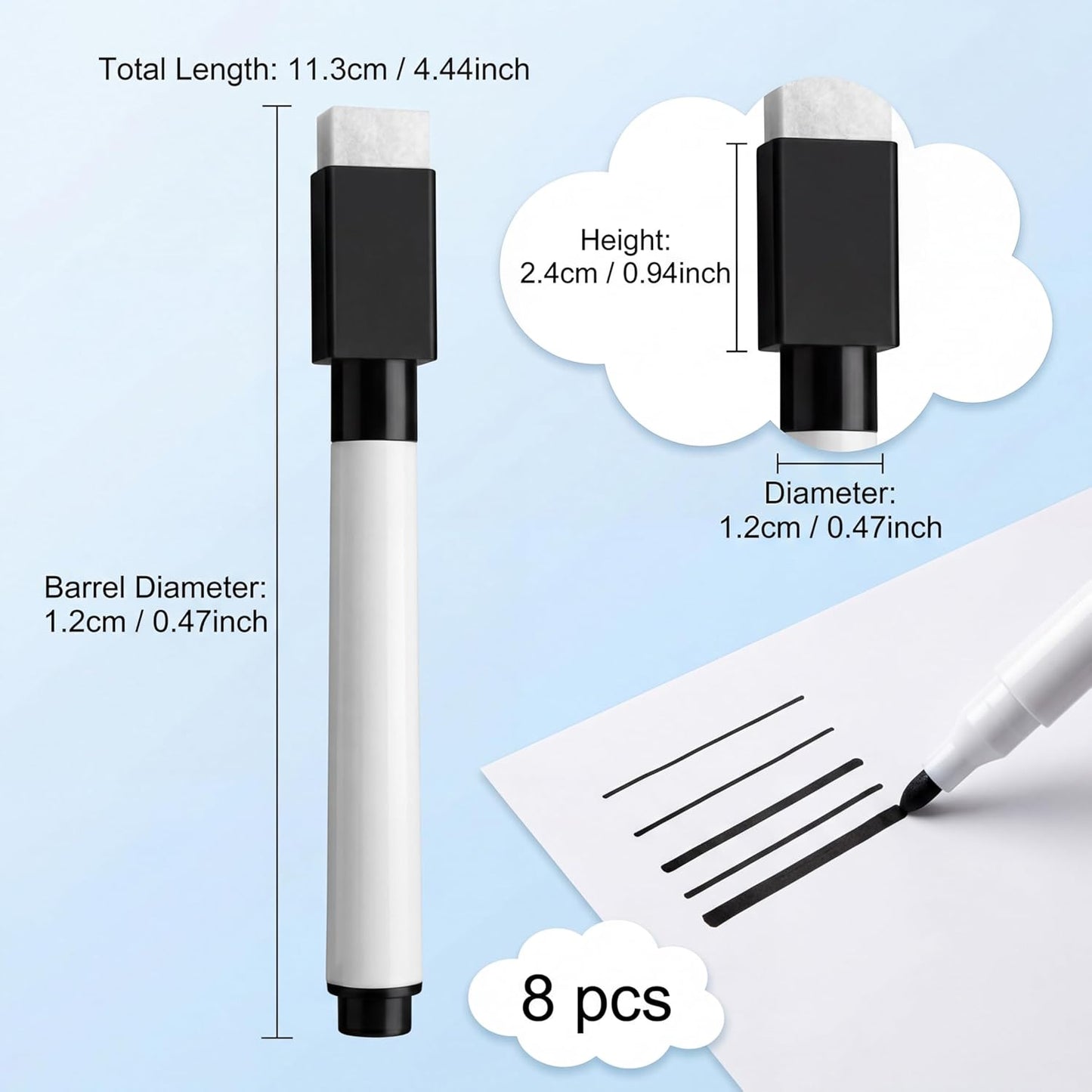 Fine tip Dry Erase Black Markers with Magnetic Cap and Eraser, Perfect for Dry Erase Boards and Whiteboards Pack of 8