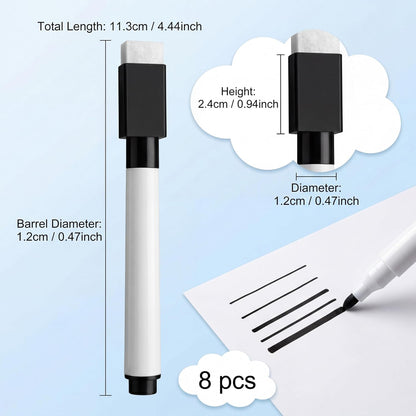 Fine tip Dry Erase Black Markers with Magnetic Cap and Eraser, Perfect for Dry Erase Boards and Whiteboards Pack of 8