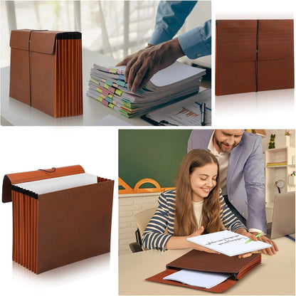 PerKoop 5 Pcs Expanding File Folder with Flap 7 Inch Expansion Expanding File Wallet with Elastic Cord Closure Letter Size Heavy Duty Document Organizer, 10 Slots, Brown