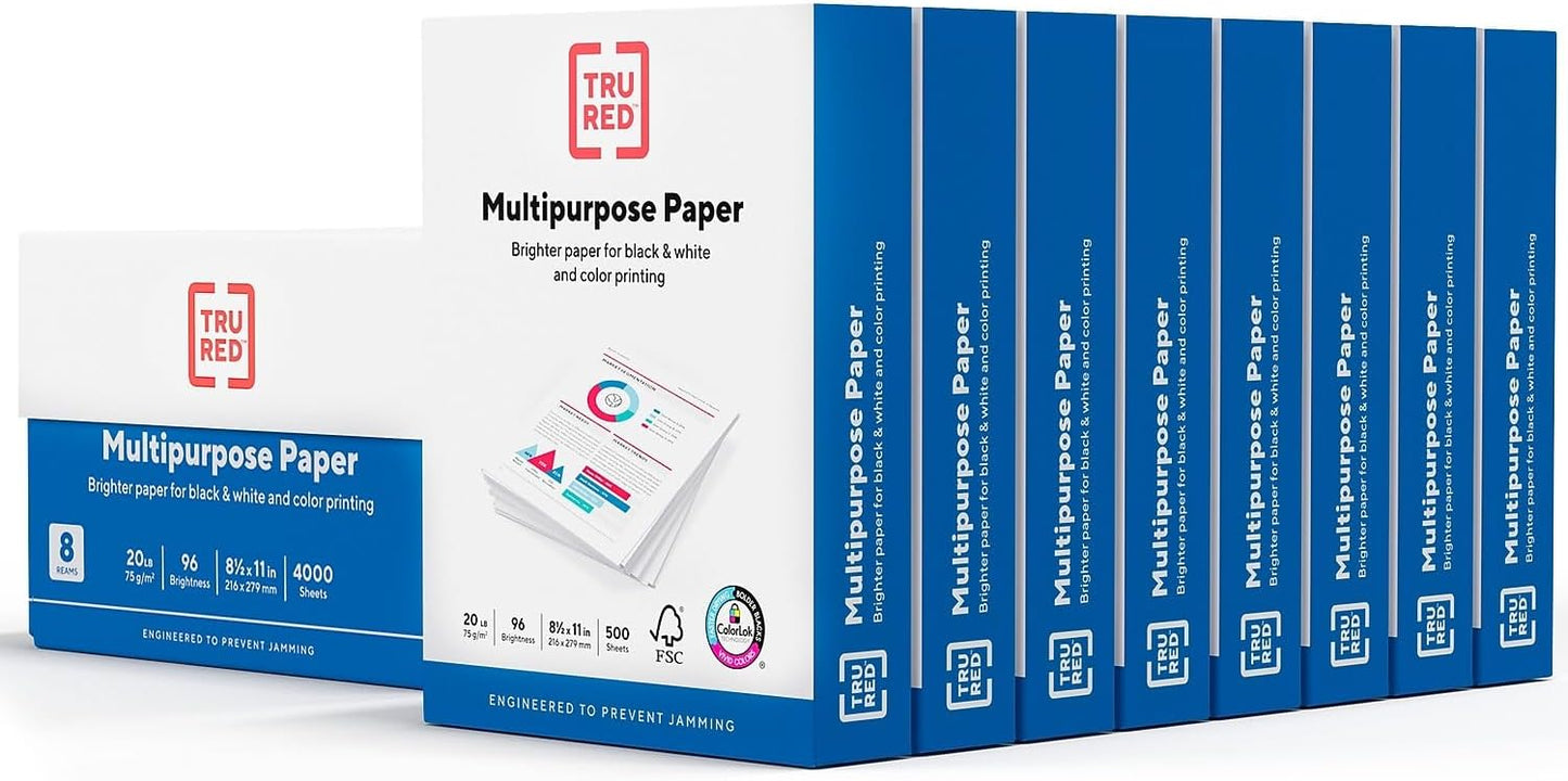 TRU RED 8.5" x 11" Multipurpose Paper, 20 lbs., 96 Brightness, 500 Sheets/Ream, 8 Reams/Carton