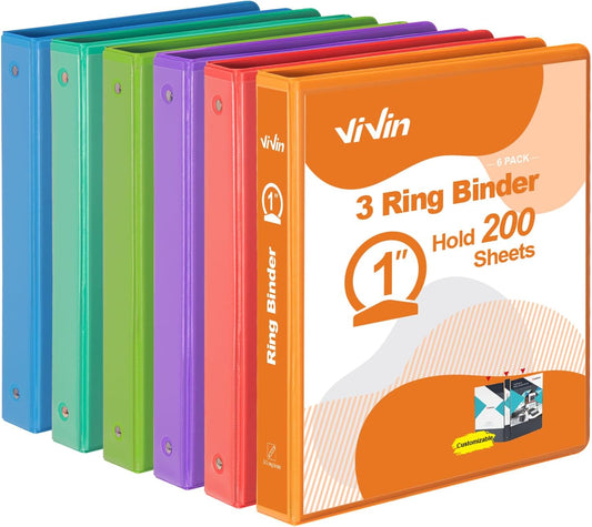 ViVin 2 Inch Round Ring View Binder for Durability, Standard 3 Ring Binder for 450 Sheets of US Letter Size Paper, PVC-Free, 6-Pack (Assorted)