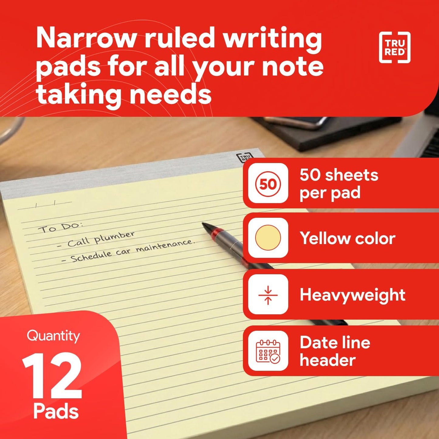 TRU RED Notepads, 8.5” x 11.75”, Narrow Ruled, Ivory, Perforated, 12‑Pack