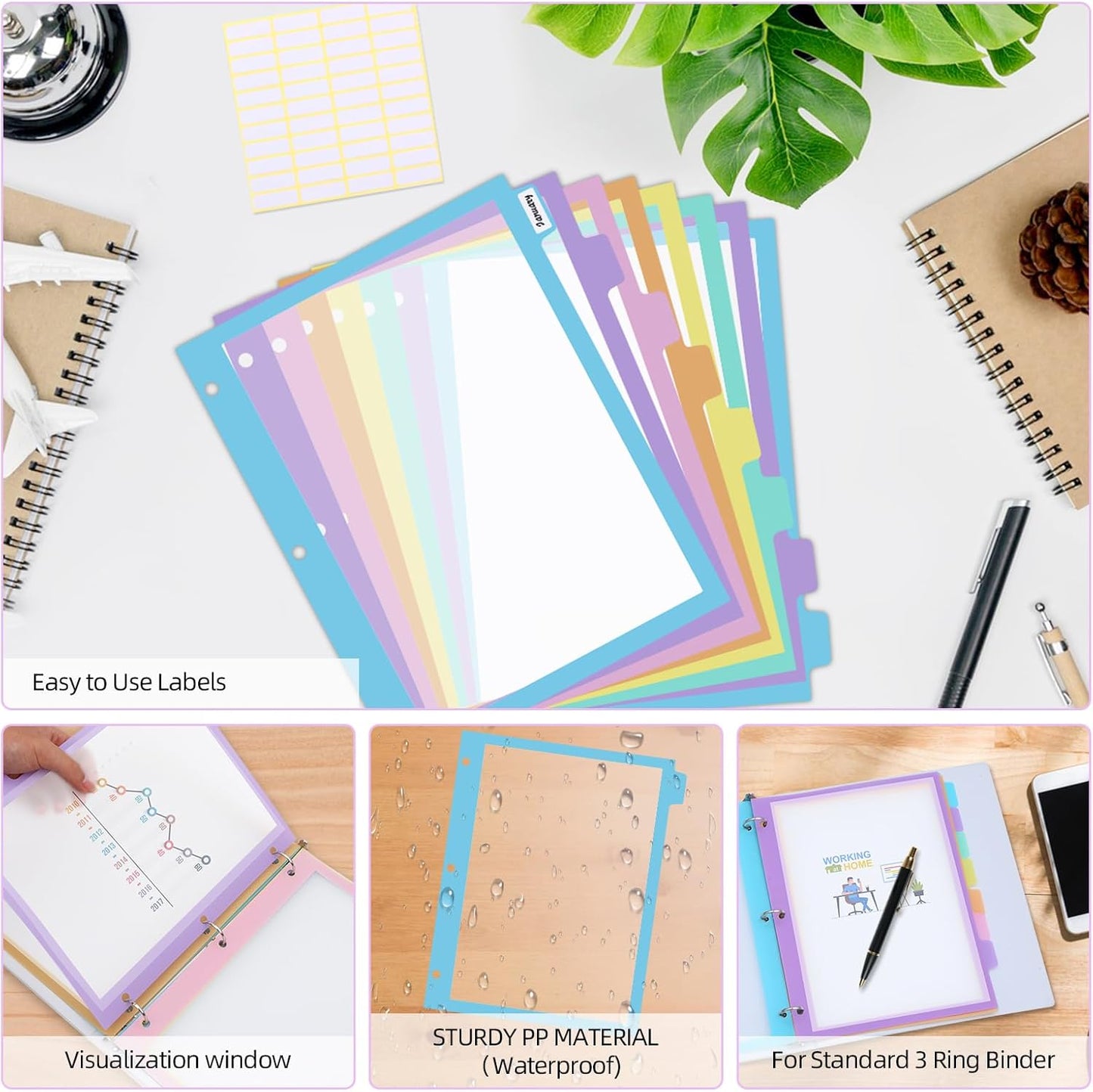 16Pcs/2 Set 8 Tab Dividers, Clear Plastic Binder Dividers with Tabs, for 3 Ring Binder, Letter Size, Multicolor