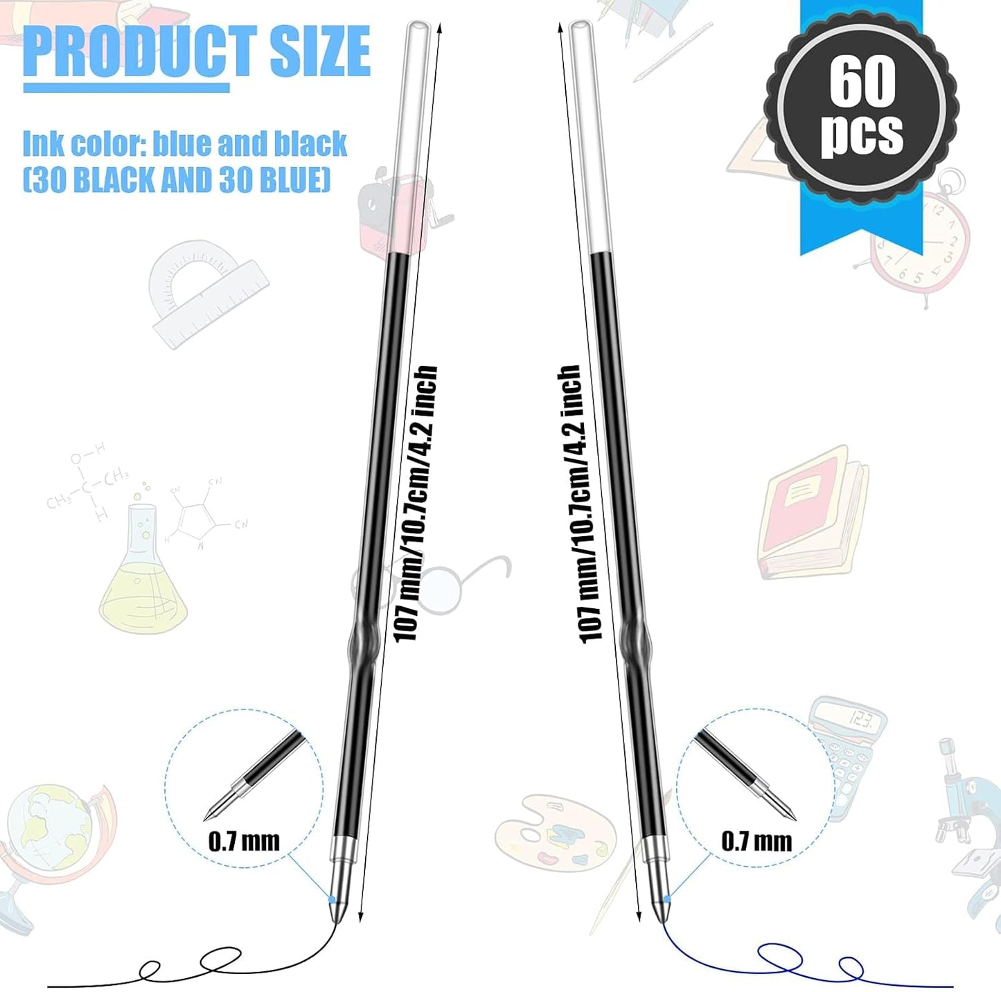 Outus 30 Pieces 0.7 mm Retractable Pen Refills Replacement Ballpoint Pen Refills Black and Blue Ink Pen Refills for Retractable Pen Office School Supplies, 107 mm in Length