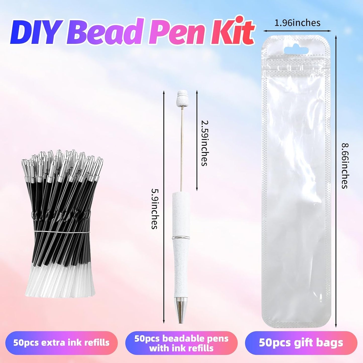 150 Pieces DIY Beadable Pen Kit – 50 Plastic Ballpoint Pens with Refills & Bags, Beads Not Included – School Supplies, Office Accessories & Craft Gifts for Students & Teachers (Multicolor)