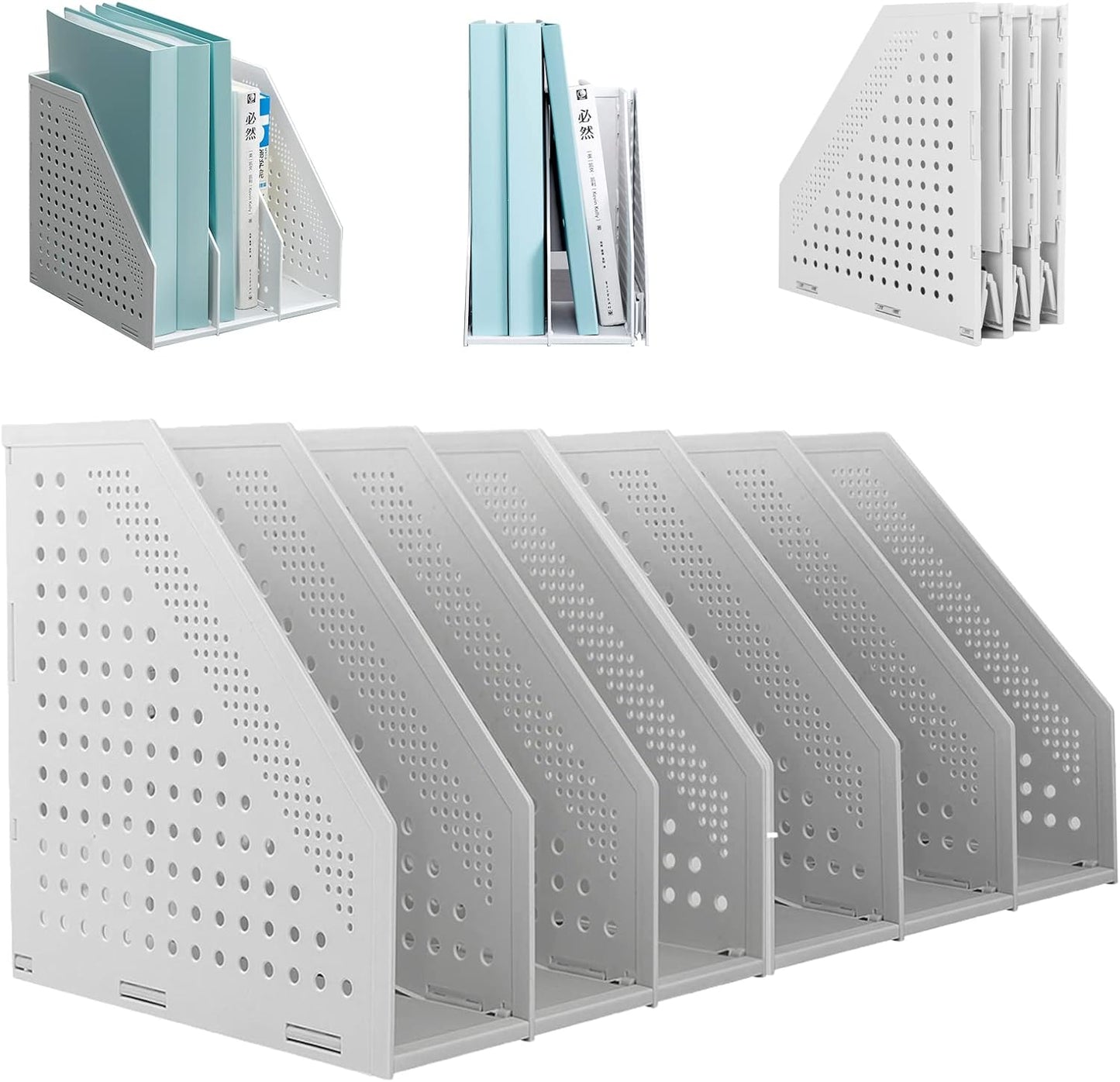 SAYEEC 1Pcs Collapsible Plastic Magazine File Holder Vertical Binder Storage Organizer for Desk Sturdy Upright Desktop Magazine Organizer Folder Rack for Office School Home (3 Compartments, Gray)