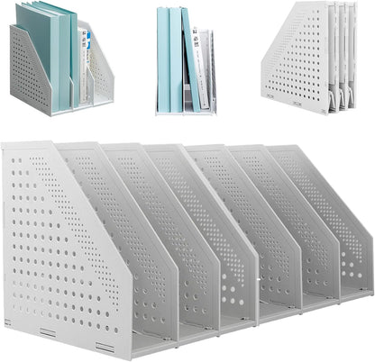 SAYEEC 1Pcs Collapsible Plastic Magazine File Holder Vertical Binder Storage Organizer for Desk Sturdy Upright Desktop Magazine Organizer Folder Rack for Office School Home (3 Compartments, Gray)