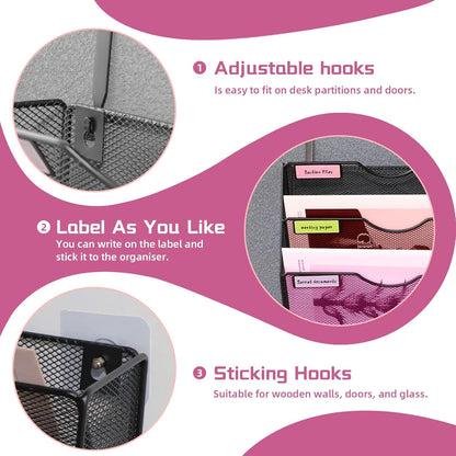 1 Pocket Mesh Wall File Holder Organizer Office Hanging File Folder Magazine Rack, Nametag Label Hooks Set Included (Black)