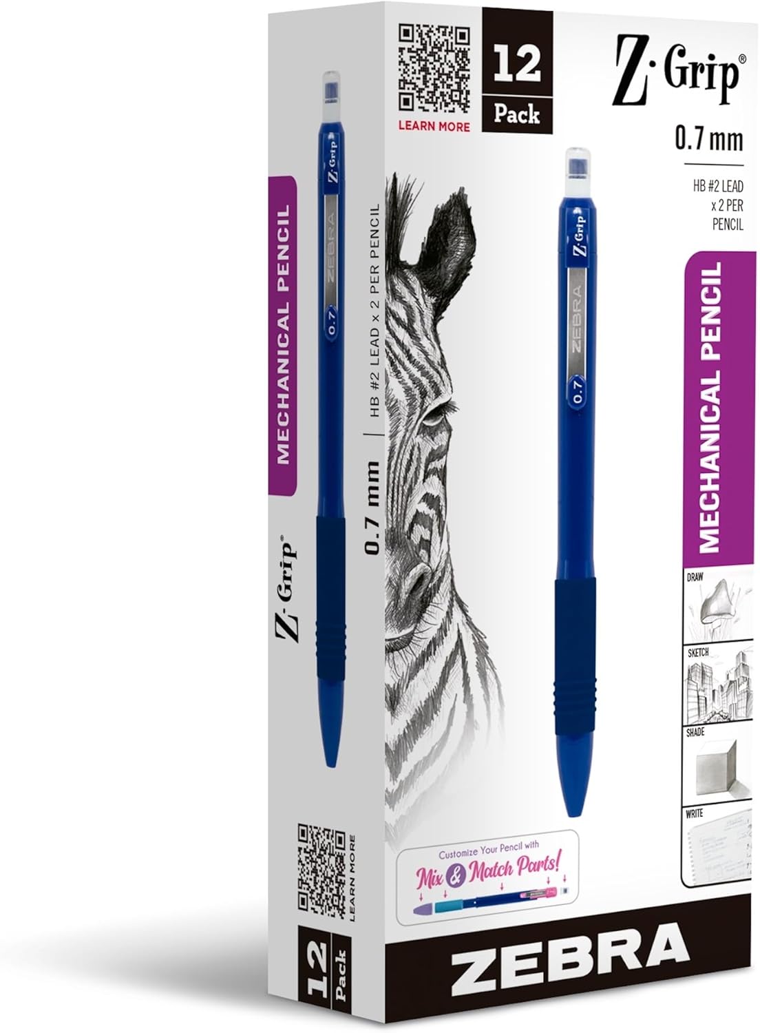 Zebra Pen, Z-Grip Mechanical Pencil, Smooth Writing, Latex-Free Grip, 0.7mm Lead, #2 HB, Pre-Loaded with Lead and Eraser, for School, Office, Everyday Use, Refillable, Clear Barrel, 24-Pack, (15241)