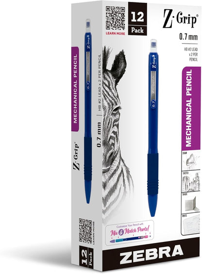 Zebra Pen, Z-Grip Mechanical Pencil, Smooth Writing, Latex-Free Grip, 0.7mm Lead, #2 HB, Pre-Loaded with Lead and Eraser, for School, Office, Everyday Use, Refillable, Clear Barrel, 24-Pack, (15241)