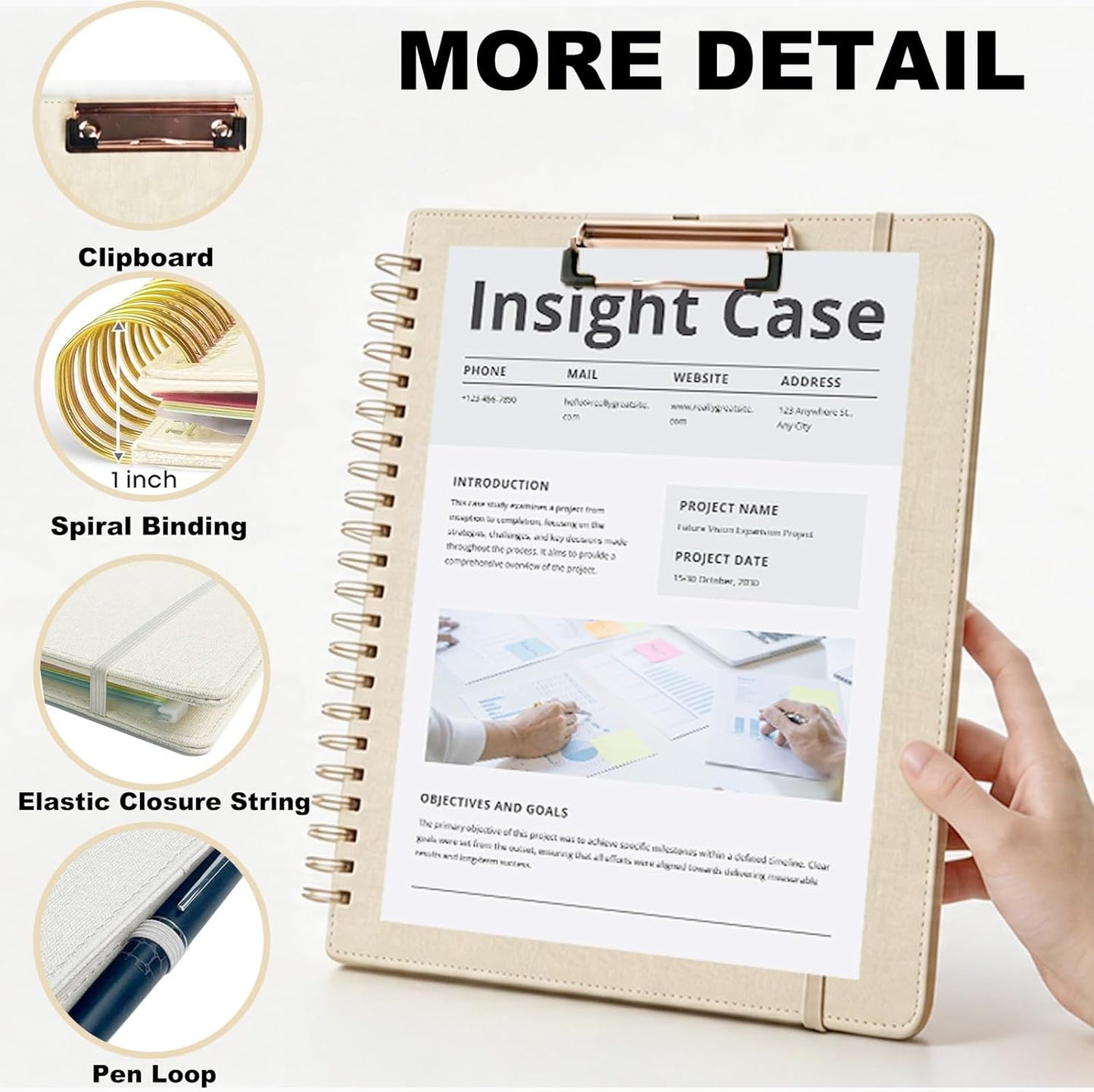 Grey Foldable Spiral Clipboard Folio with Storage Zipper Pouch, 5 Plastic Folders with Pockets,Refillable Lined Notepad (8.5" x 11"), Hardcover Project Organizer with 39 Stickers