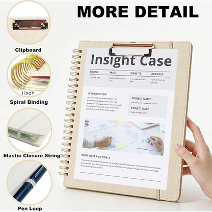 Grey Foldable Spiral Clipboard Folio with Storage Zipper Pouch, 5 Plastic Folders with Pockets,Refillable Lined Notepad (8.5" x 11"), Hardcover Project Organizer with 39 Stickers