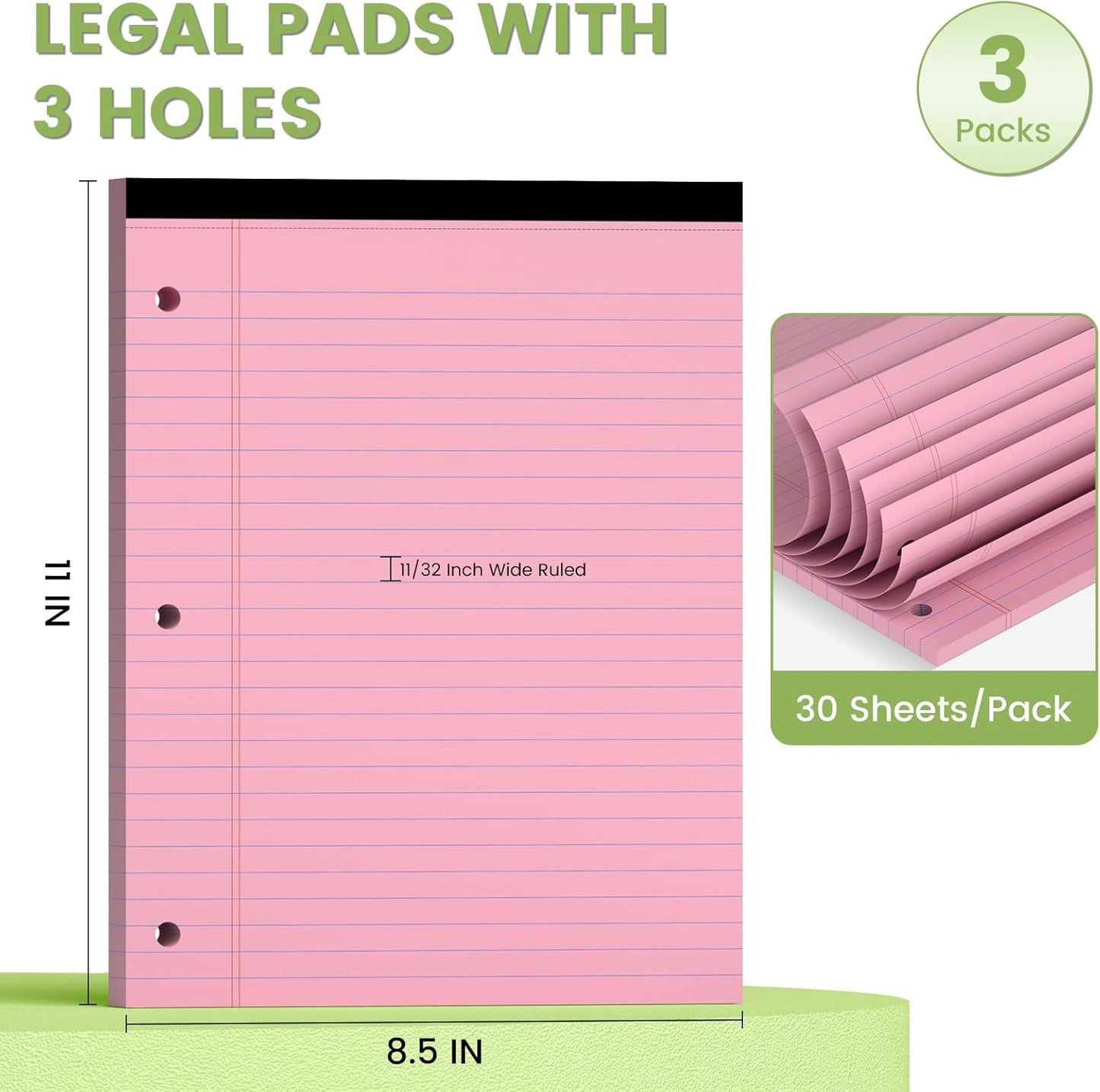 Legal Pads 8.5x11, White Notepads 8.5x11, Wide Ruled Lined with 3 Hole Punch, Loose Leaf Notebook Paper for 3 Ring Binders, 3 Pack, 30 Sheets/Pack, Perforate for School, Office, Home