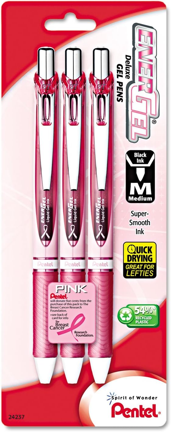 Pentel Pink BCA EnerGel Retractable Liquid Gel Pen, (0.7mm), Medium Line, Metal Tip, Pink Barrel, Black Ink, Pack of 3 (BL77PBP3A-BC)