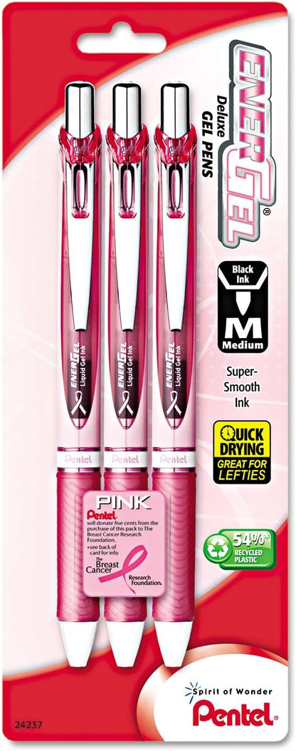 Pentel Pink BCA EnerGel Retractable Liquid Gel Pen, (0.7mm), Medium Line, Metal Tip, Pink Barrel, Black Ink, Pack of 3 (BL77PBP3A-BC)