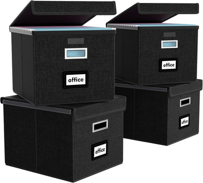 Huolewa Upgraded Portable File Organizer Box with Lid, Collapsible Linen Hanging Filing Storage Boxes with Plastic Slides, Decorative Home/Office Filing System Box for File and Folders Storage (Gray)