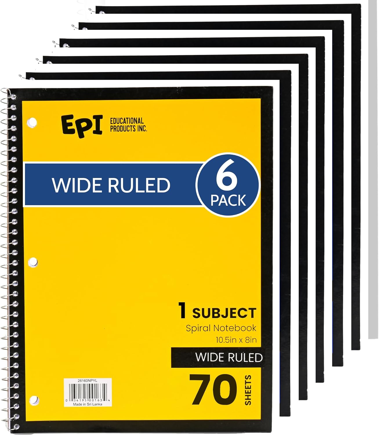 EPI Spiral Notebook | Wide - 70 Sheets, Durable Spiral Binding | 10.5 x 8 in | Classroom Supplies | School, Office, Note Taking, Journaling - 12 Pack