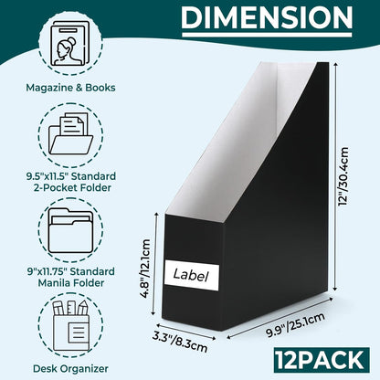 EXYGLO 12 Pack Brown Magazine File Holder, Cardboard Magazine Rack with Label, Foldable Storage Organizer Box for Book, Documents, 10x3.3x12 Inches