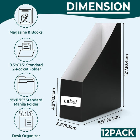EXYGLO 12 Pack Brown Magazine File Holder, Cardboard Magazine Rack with Label, Foldable Storage Organizer Box for Book, Documents, 10x3.3x12 Inches