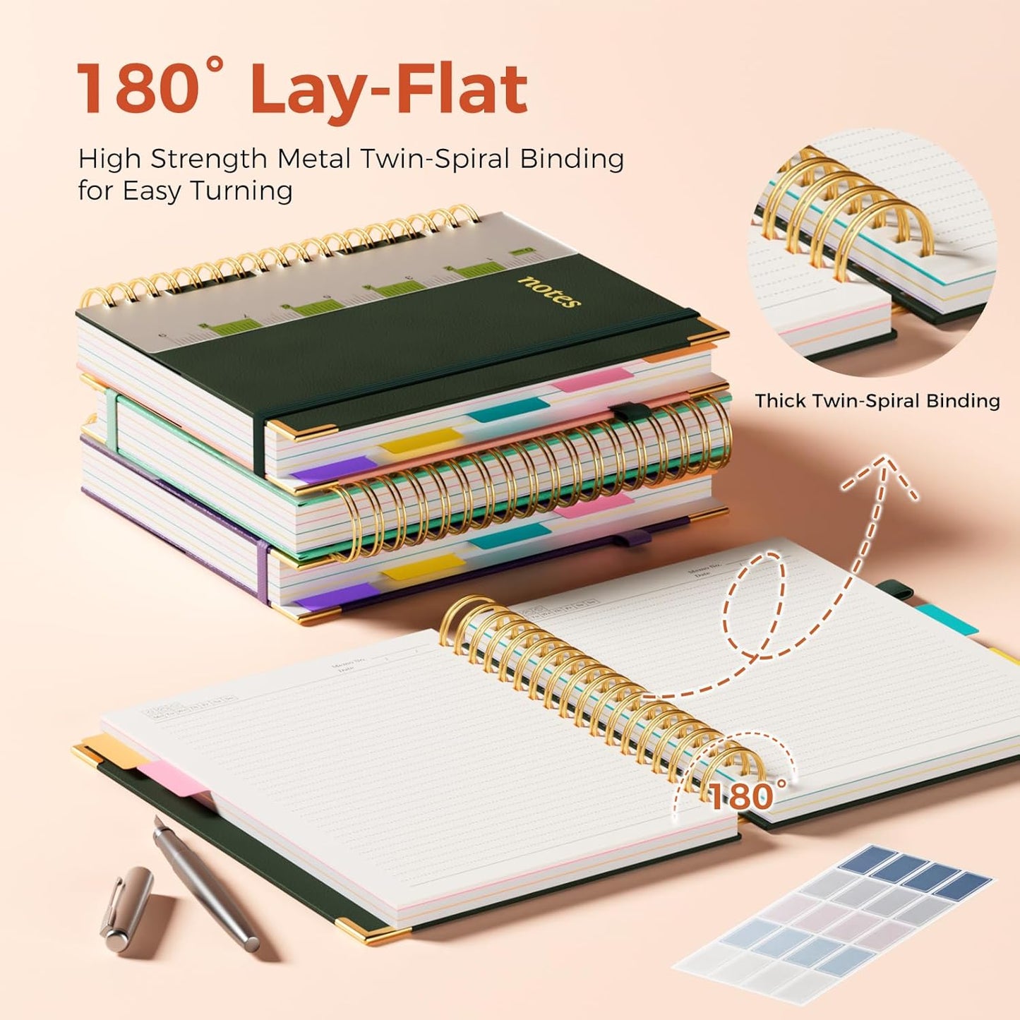 Line Hardcover Spiral Notebook with Removable Dividers Tabs & Ruler, 5 Subject Notebook College Ruled, 300 Page, Large 8"x10" B5 Notebooks for Work School, Lined Journal for Women & Men, Purple