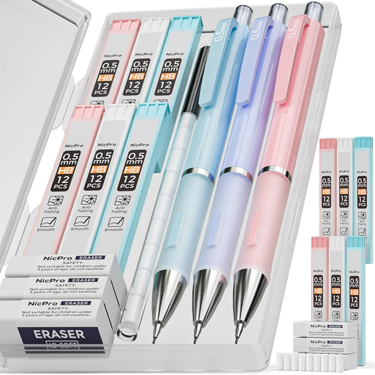 Nicpro 3PCS Cute Mechanical Pencil Set with Case, 0.7 mm Pencils with 6 Tube HB Lead Refill, 3PCS Eraser, 9PCS Eraser Refill for School Supplies Student Writing, Drafting Drawing Sketching
