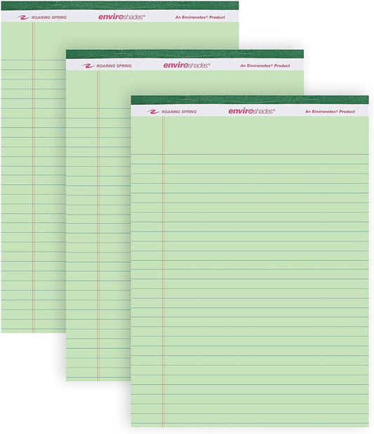 Roaring Spring Enviroshades Green Legal Pads, 3 Pack, Legal Ruled Recycled Colored Writing Note Pads, 8.5" x 11", 50 Sheets, Perforated Paper, Made in USA, Memo Pad For School & Office