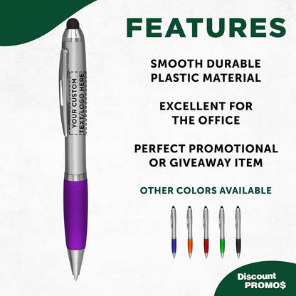 DISCOUNT PROMOS Custom Stylus Ballpoint Pens Set of 10/50/100, Personalized Bulk Pack - Black Ink, Great for Office, School, Business, Tradeshows, Events - Purple