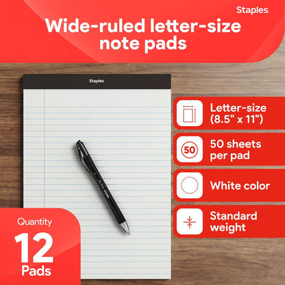 STAPLES Notepads, 8.5” x 11”, Wide Ruled, White, 50 Sheets/Pad, 12‑Pack