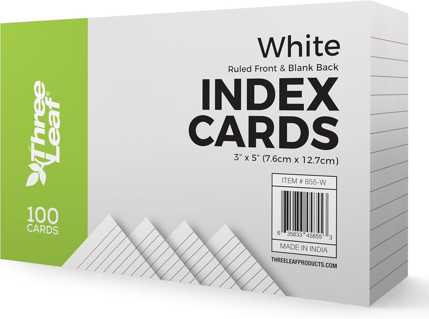 THREE LEAF 3 X 5, INDEX CARDS RULED, 100 CT. WHITE, Ruled Flash Cards, Study Card, Memo Pad, For To-Do List, Art And Craft Projects