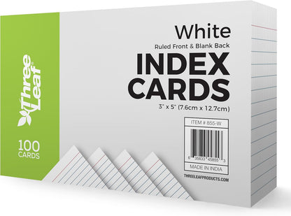 THREE LEAF 3 X 5, INDEX CARDS RULED, 100 CT. WHITE, Ruled Flash Cards, Study Card, Memo Pad, For To-Do List, Art And Craft Projects