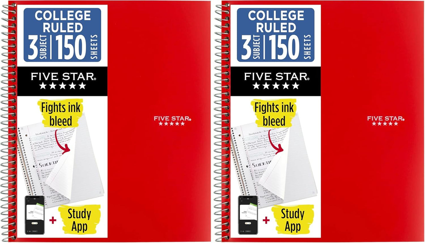 Five Star Spiral Notebook + Study App, 3 Subject, College Ruled Paper, 8-1/2" x 11", 150 Sheets, Fights Ink Bleed, Water Resistant Cover, Amethyst Purple (38746)