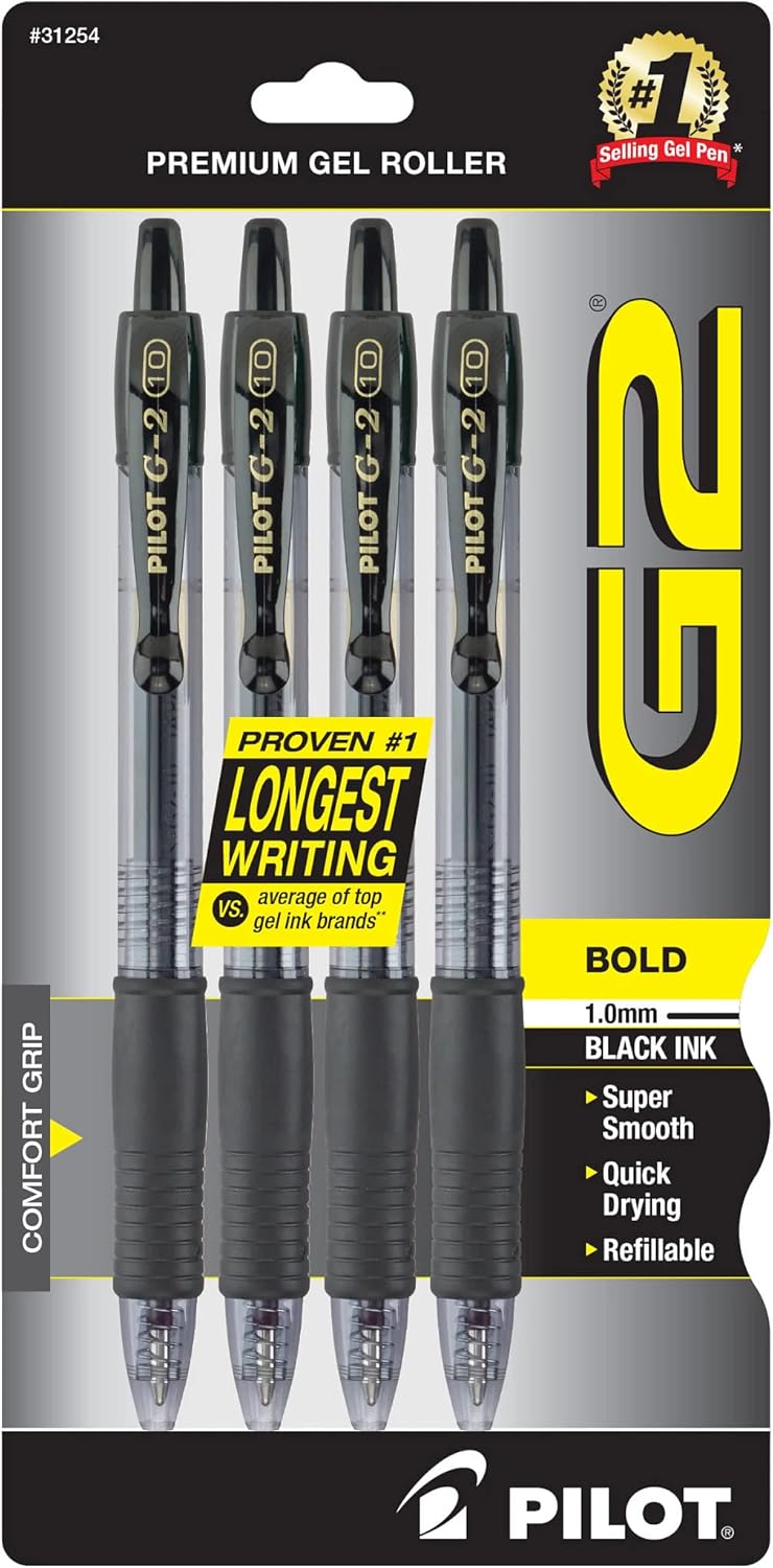 PILOT G2 Premium Refillable and Retractable Rolling Ball Gel Pens, Bold Point, Black Ink, 4-Pack (31254)