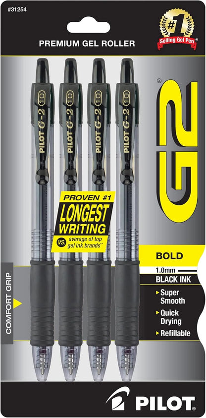 PILOT G2 Premium Refillable and Retractable Rolling Ball Gel Pens, Bold Point, Black Ink, 4-Pack (31254)