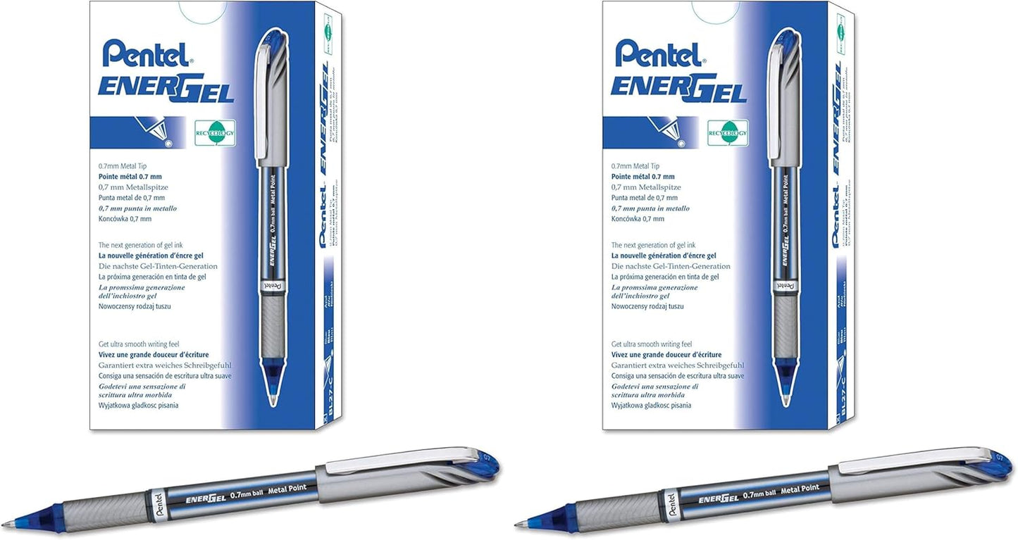 Pentel ENER-GEL NV Liquid Gel Pen, 0.7mm, Medium Line Capped, Metal Tip, Blue Ink, Box of 12 (BL27-C)