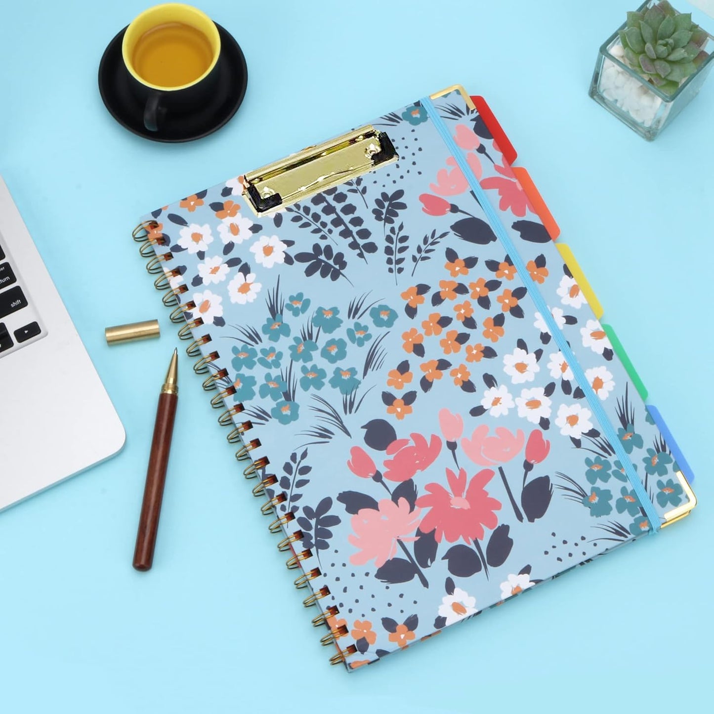 Spiral Clipboard Folio with Refillable Lined Notepad, 5 Extra Folders, 10 Pockets, File Label, Elastic Closure, Pen Loop (GentleBlue, A4)
