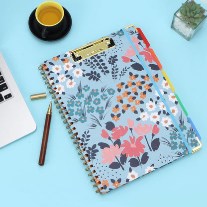 Spiral Clipboard Folio with Refillable Lined Notepad, 5 Extra Folders, 10 Pockets, File Label, Elastic Closure, Pen Loop (GentleBlue, A4)