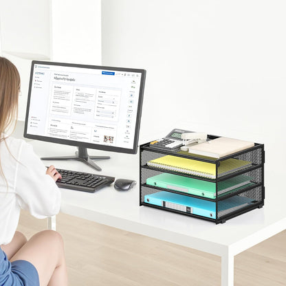 Lavatino 3-Tier Letter Tray Desk Organizer, Mesh Metal Paper File Tray Organizer for Desk, Office Supplies & Home Organization, Fits A4 Paper, Mail, Magazines & Office Accessories (Black with Handle)