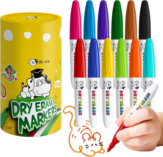 Colorful Mini Whiteboard Markers for Kids, 12 Non-Toxic Fine Tip Dry Erase Markers, Low-Odor Doodling & Drawing Pens, 3.8in Small Art Set for School & Home (12 Pack)