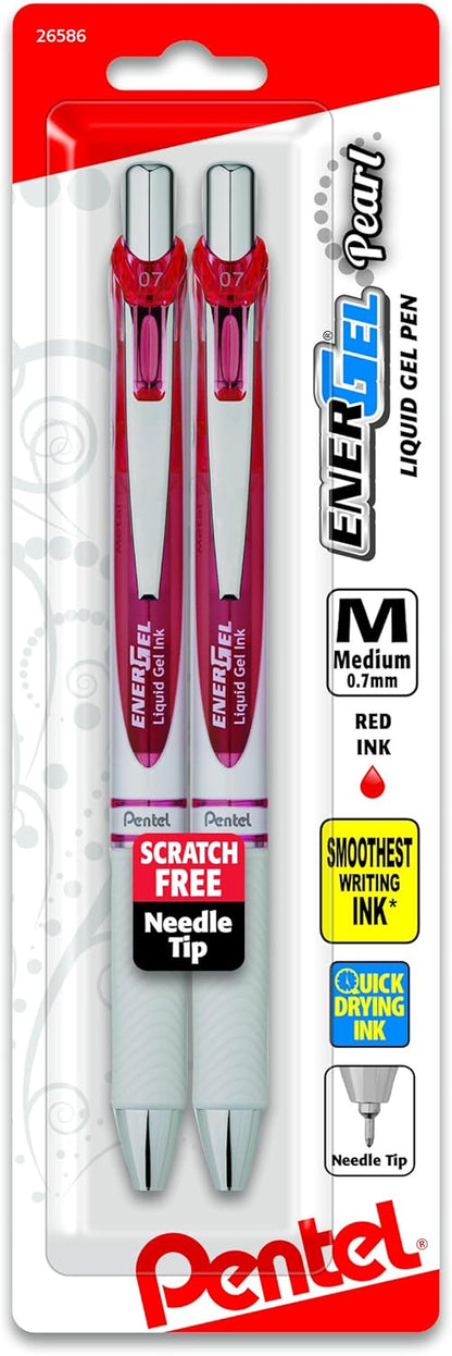 Pentel EnerGel Pearl RTX Retractable Liquid Gel Pen, (0.7mm), Medium Line, Needle Tip, Black Ink, Pack of 2 (BLN77WBP2A)