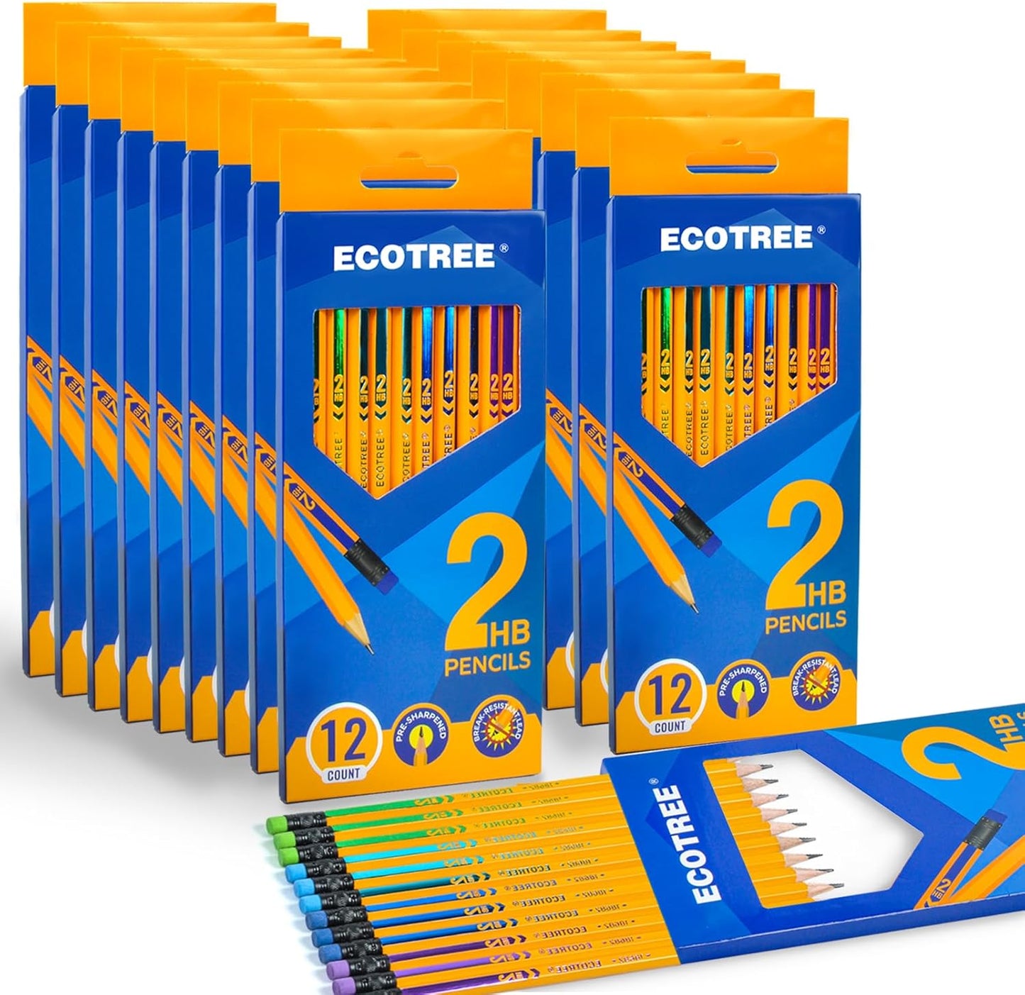 ECOTREE Pre-Sharpened Pencils #2 HB, Wood-Cased Number 2 Pencils with Erasers for Writing, Drawing, Sketching, Yellow Pencil Bulk for School Teacher Supplies, 48 Count