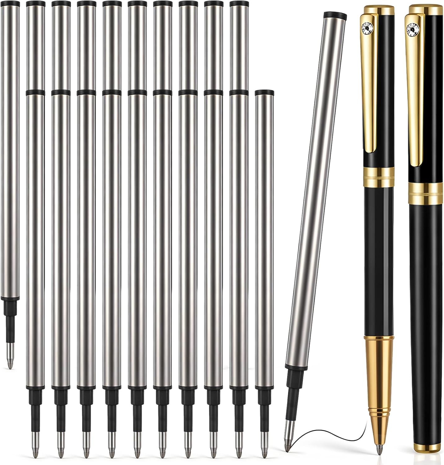 Sherr 20 Pcs 4.4 inch Replaceable Rollerball Pen Refills 0.5mm Fine Point Metal Body Refills Compatible with Mainstream Fountain Pens Smooth Writing Quick Dry Anti-Bleed for School Office(Black Ink)