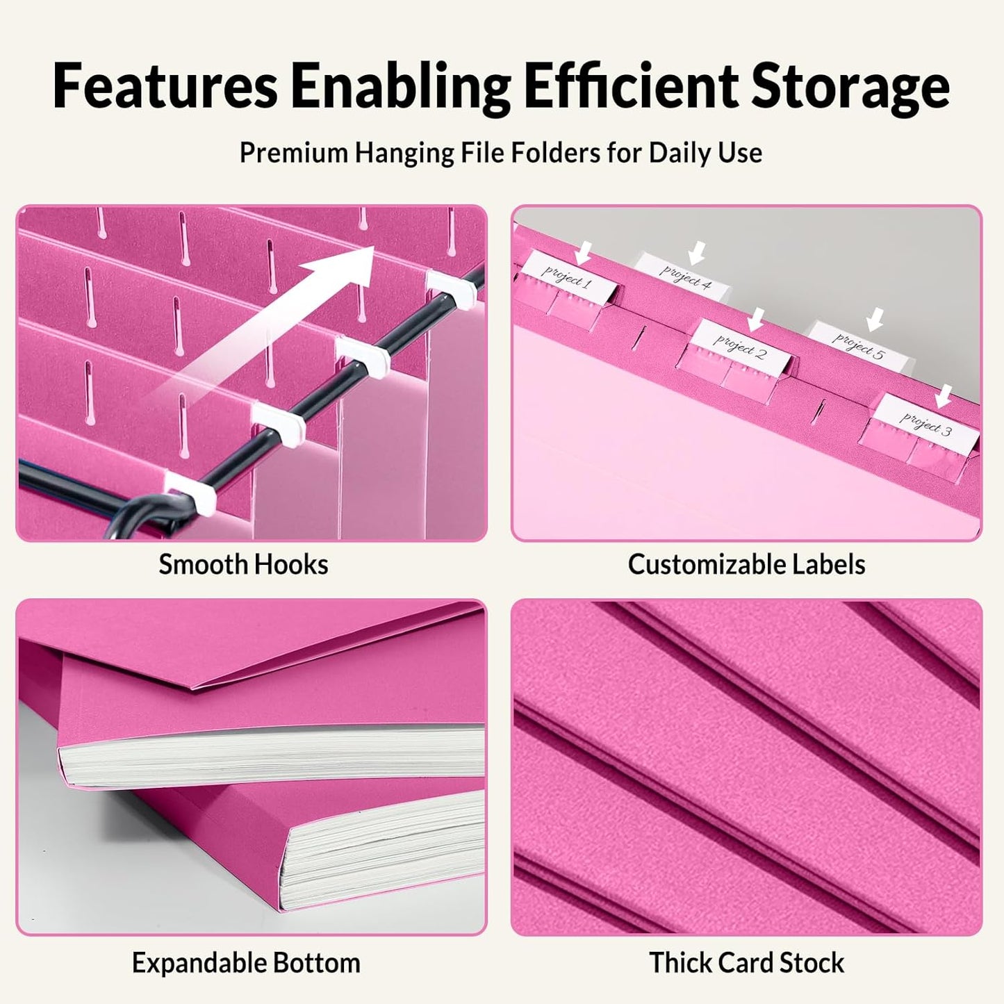 SUNEE Hanging File Folders, 25 Pack Letter Size Hanging File Folders with 1/5-Cut Tabs, Ideal for Home and Office Organization and Papers Classification, Bright Neon Pink