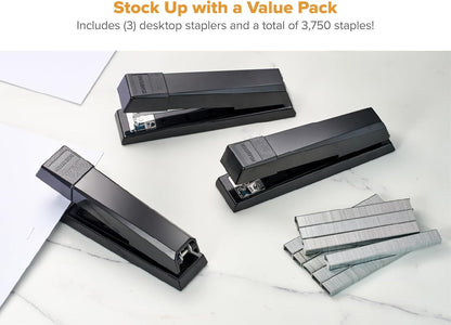 Bostitch Office Stapler, No-Jam Premium for Desktop, Includes 1,250 Staples, Full-Strip, 25 Sheet Capacity, Black