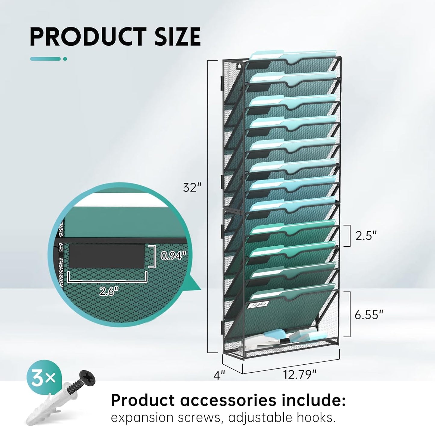 SUPEASY 10-Tier Wall File Organizer, Hanging Wall Files for Papers, Folders, Magazines, Clipboard, Wall Organizer for Office Home School Classroom, Black
